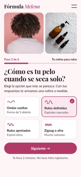 Landing de una marca de cuidado del pelo con cuestionario, vista en celular