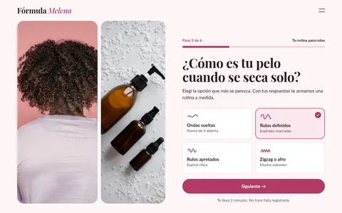 Landing de una marca de cuidado del pelo con cuestionario, vista en computadora