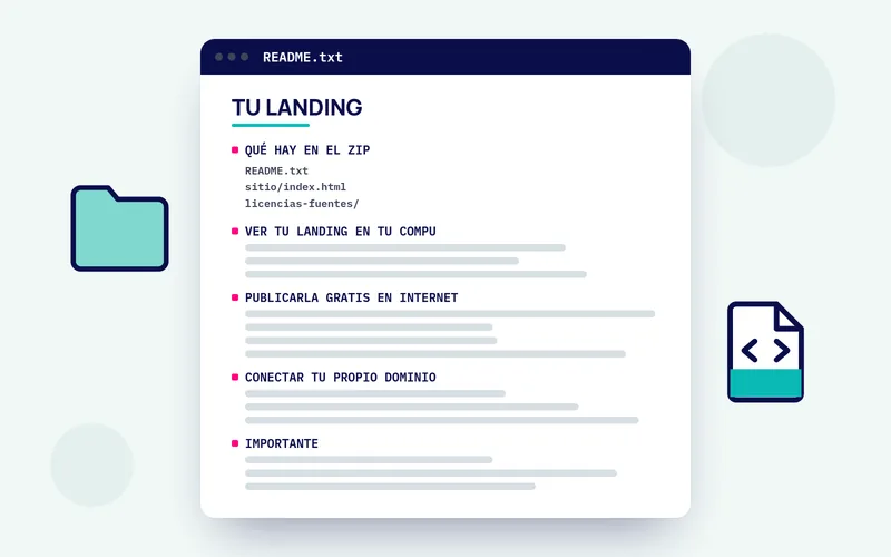 La guía README.txt que viene con tu landing: qué hay en el ZIP, cómo verla en tu compu, cómo publicarla gratis, cómo conectar tu dominio e importante