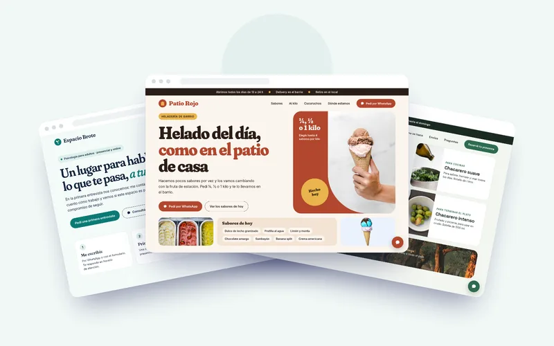 Tres landings de negocios distintos en abanico: una heladería, un espacio de psicología y una preventa de aceite de oliva