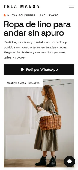Landing de una tienda de ropa de lino, vista en celular