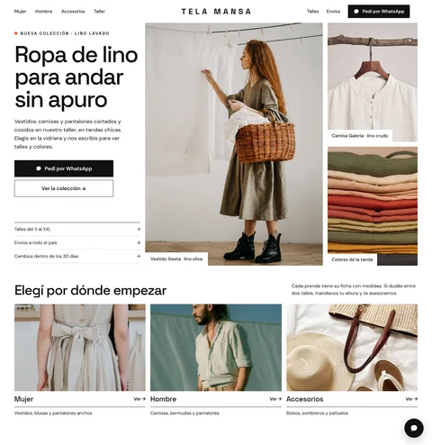 Landing de una tienda de ropa de lino, página completa en computadora