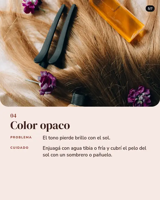 Peluquería Rulos & Co., lámina 5 de 7: Pelo castaño claro extendido con frascos sin marca, hebillas y flores. Texto: 04, Color opaco. Problema: El tono pierde brillo con el sol. Cuidado: Enjuagá con agua tibia o fría y cubrí el pelo del sol con un sombrero o pañuelo.