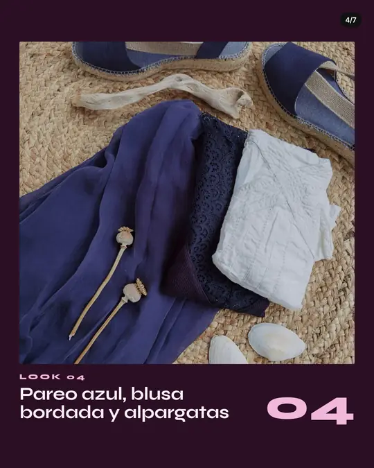 Tienda Ciruela, lámina 4 de 7: Pareo azul, blusa blanca bordada y alpargatas azules sobre una alfombra de yute. Texto: Look 04, Pareo azul, blusa bordada y alpargatas.